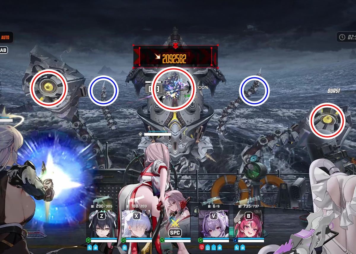 前半は赤丸がある真ん中のコアと触手を狙うと良いと思います。
後ろの青丸の触手を破壊すると、レーザーが飛んでこなくなるので、ダメージがきつい方は早めに破壊すると良いです。